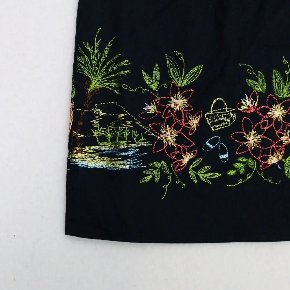 Annex Casual Corner Skirt Sz 1X Black‎ Midi Pull On Hawaiian Fruit Embroidered